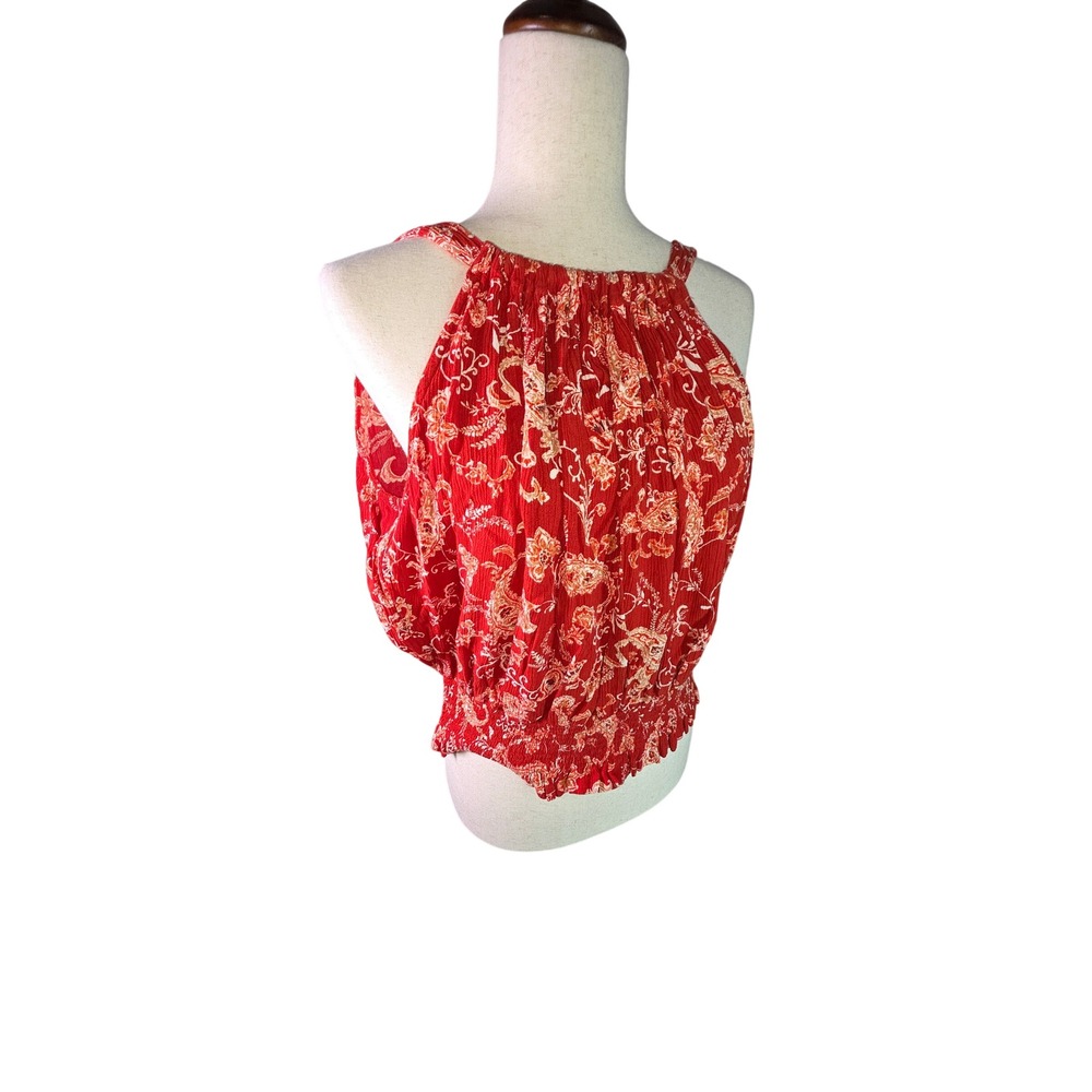 Red Paisley Floral Halter Blouse Smocked Hem Boho Sleeveless Top 0926